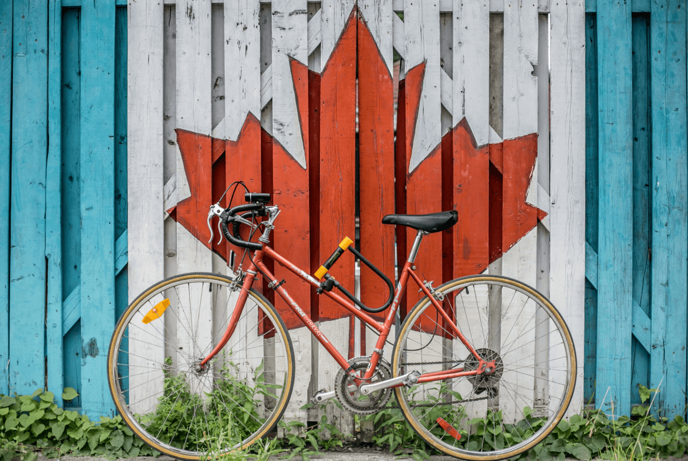 Bike in front of Canadian Flag Painted Fence.