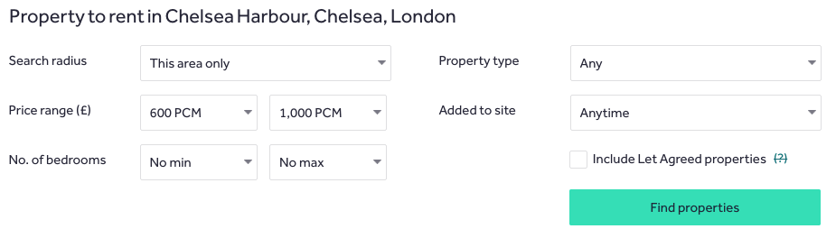 Property to rent in London - Price Range. Screenshot.