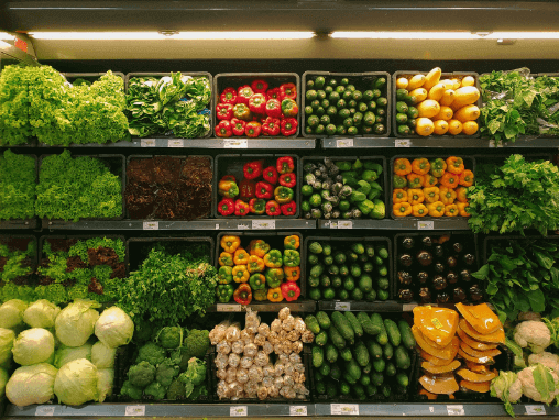 Fruits and vegetables inside a grocery store.